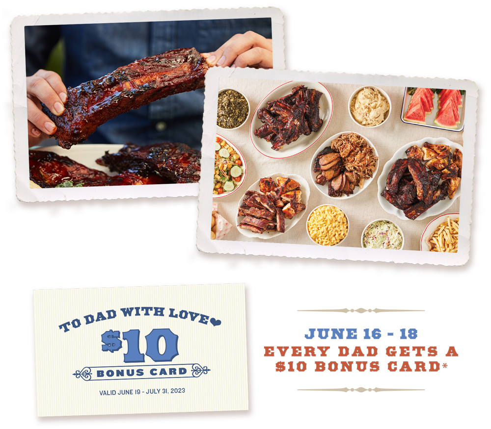 Image of hands holding beef rib and image of Lucille's bbq feast. $10 bonus card image, June 16-18, Every Dad Gets a $10 Bonus Card*