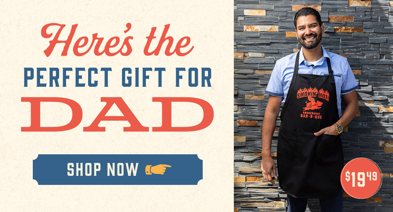 Here's the Perfect Gift for Dad: Lucille's Smokin' Hot Apron available for $19.49. Shop Now button.