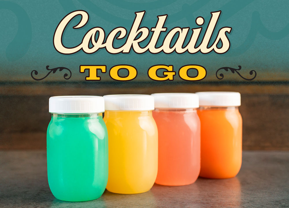 Cocktails To Go. Pictured: Summertime Blues, Classic Caddy Margarita, Cucumber Watermelon Lemonade, and Crocodile Cooler